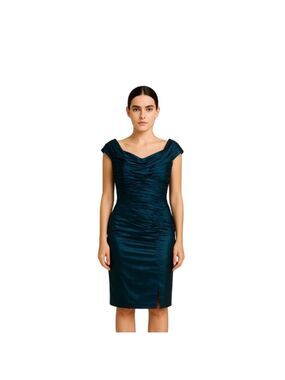 Tadashi Shoji Ruched Sheath Dress Teal Blue Sheen Asymmetrical Cap Sleeve 14
